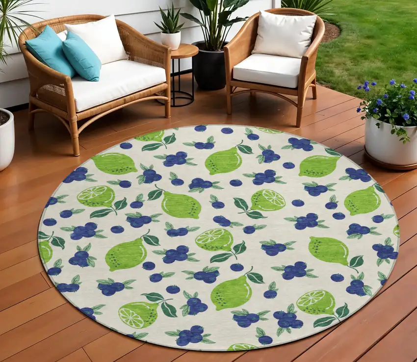 8' Linen Green And Blue Round Lemons Washable Indoor Outdoor Area Rug Photo 1