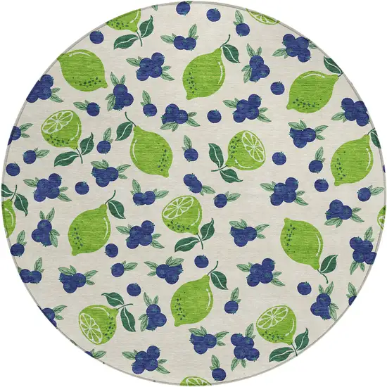 8' Linen Green And Blue Round Lemons Washable Indoor Outdoor Area Rug Photo 2