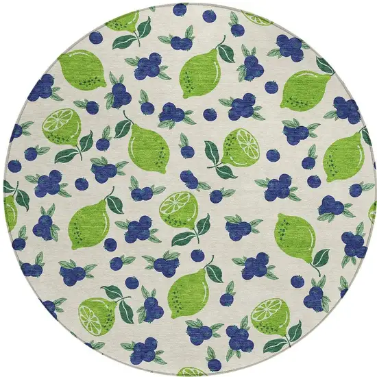 8' Linen Green And Blue Round Lemons Washable Indoor Outdoor Area Rug Photo 4