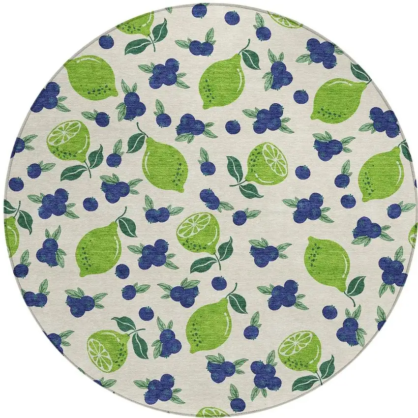 8' Linen Green And Blue Round Lemons Washable Indoor Outdoor Area Rug Photo 4