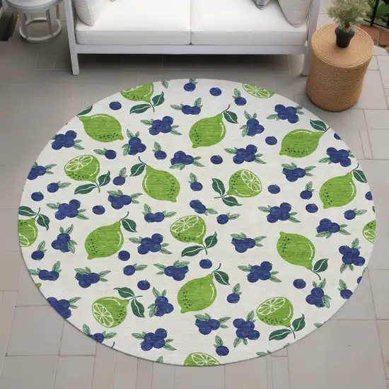 8' Linen Green And Blue Round Lemons Washable Indoor Outdoor Area Rug Photo 8