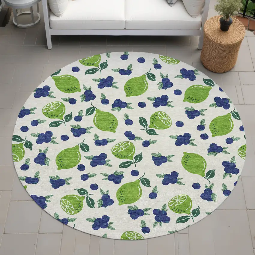 8' Linen Green And Blue Round Lemons Washable Indoor Outdoor Area Rug Photo 8