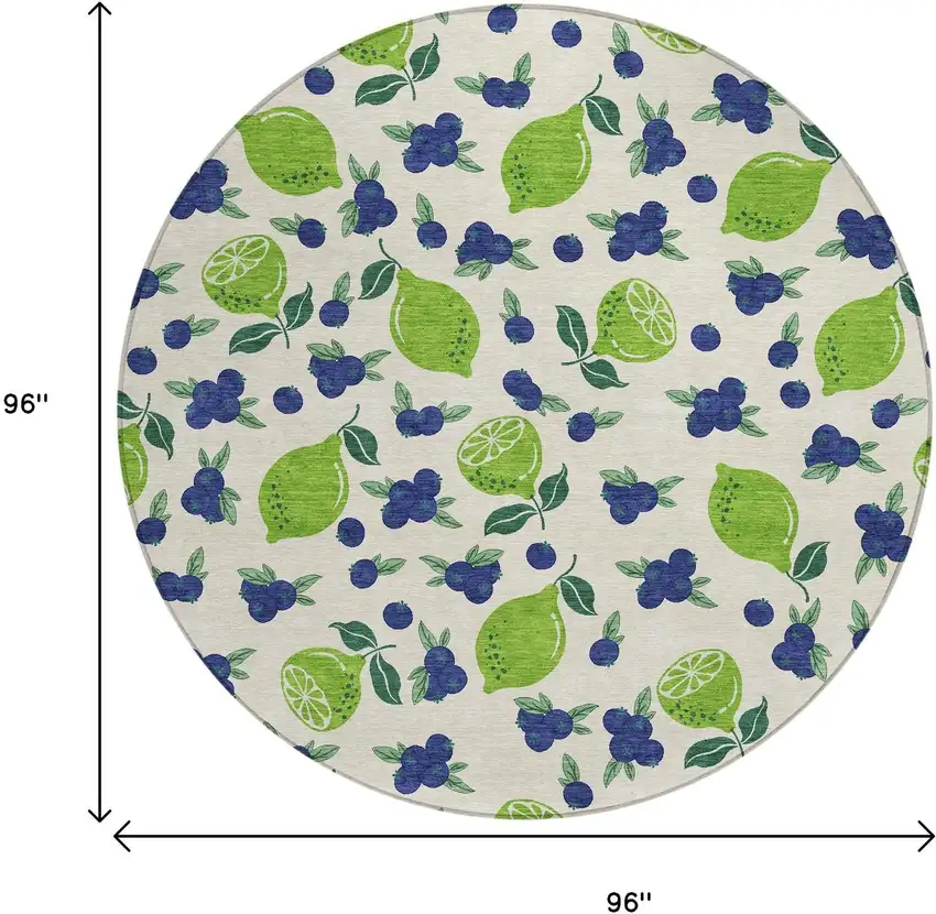 8' Linen Green And Blue Round Lemons Washable Indoor Outdoor Area Rug Photo 3