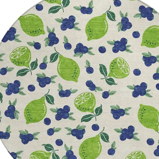 8' Linen Green And Blue Round Lemons Washable Indoor Outdoor Area Rug Photo 6