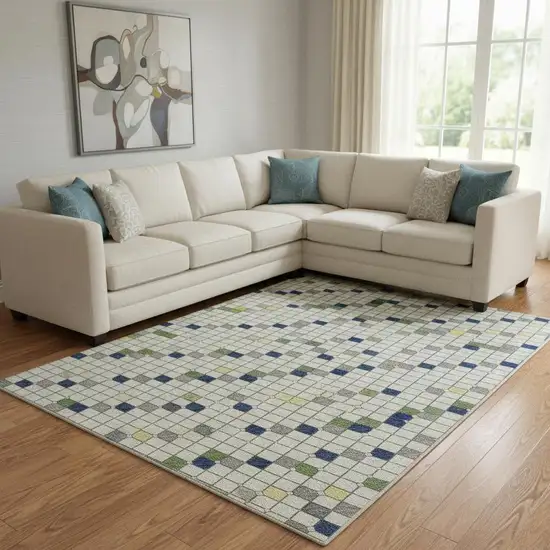 8' Linen Green And Blue Striped Washable Area Rug With UV Protection Photo 2