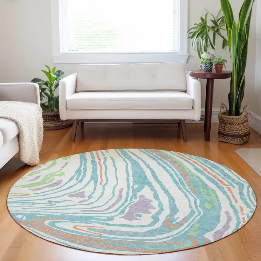 8' Linen Green And Sky Blue Round Abstract Washable Indoor Outdoor Area Rug Photo 8