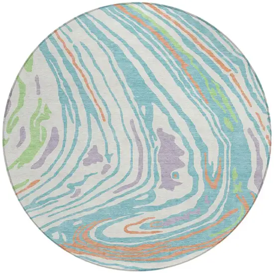 8' Linen Green And Sky Blue Round Abstract Washable Indoor Outdoor Area Rug Photo 5