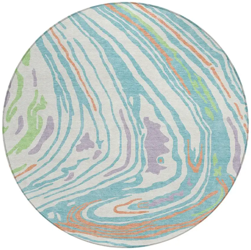 8' Linen Green And Sky Blue Round Abstract Washable Indoor Outdoor Area Rug Photo 5