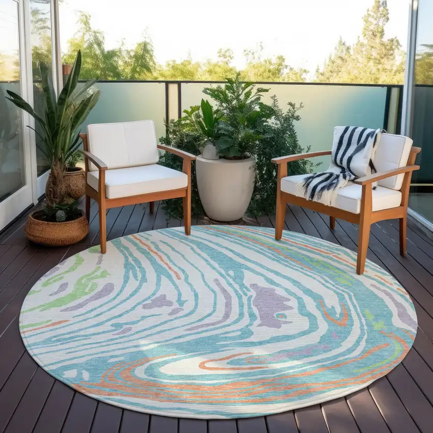 8' Linen Green And Sky Blue Round Abstract Washable Indoor Outdoor Area Rug Photo 7