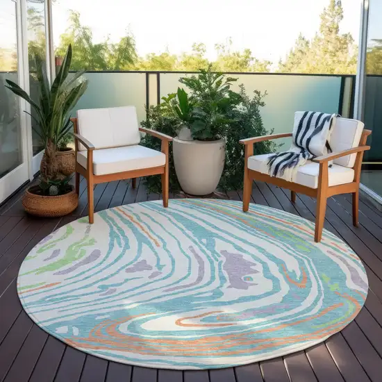 8' Linen Green And Sky Blue Round Abstract Washable Indoor Outdoor Area Rug Photo 7