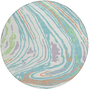 Photo of 8' Linen Green And Sky Blue Round Abstract Washable Indoor Outdoor Area Rug