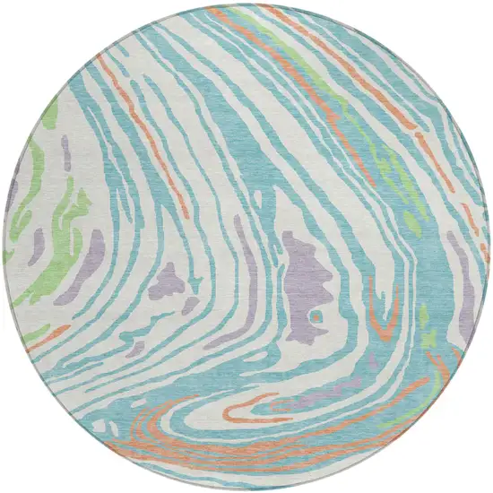 8' Linen Green And Sky Blue Round Abstract Washable Indoor Outdoor Area Rug Photo 1