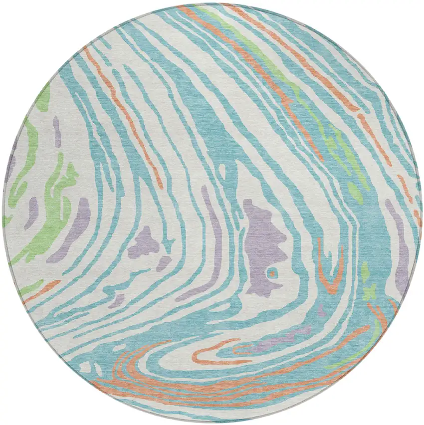 8' Linen Green And Sky Blue Round Abstract Washable Indoor Outdoor Area Rug Photo 1