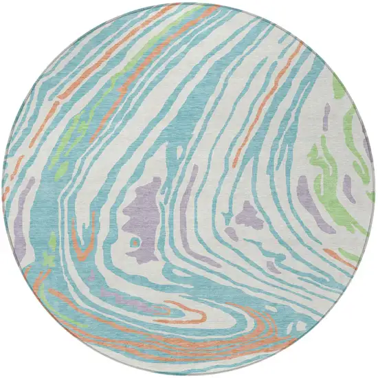 8' Linen Green And Sky Blue Round Abstract Washable Indoor Outdoor Area Rug Photo 6