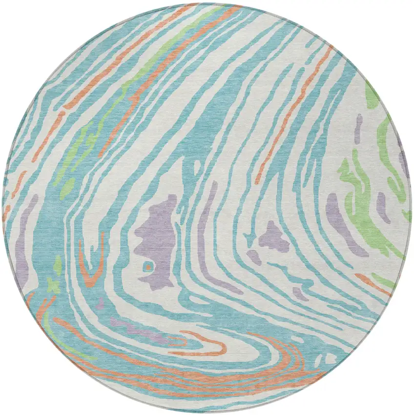 8' Linen Green And Sky Blue Round Abstract Washable Indoor Outdoor Area Rug Photo 6