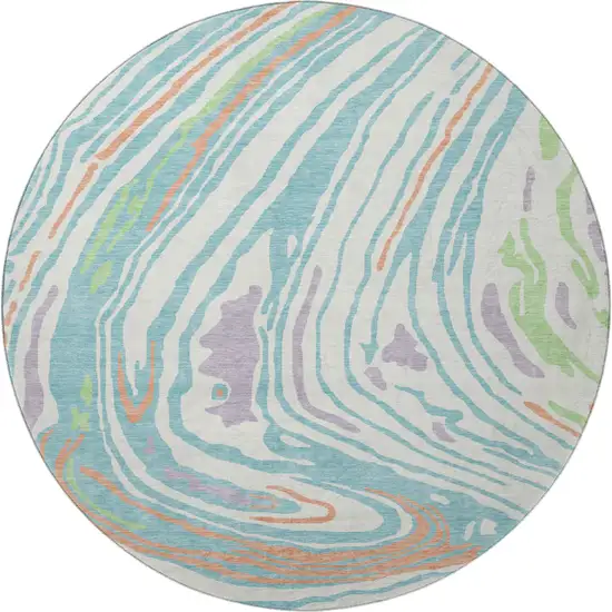 8' Linen Green And Teal Abstract Washable Round Rug With UV Protection Photo 3