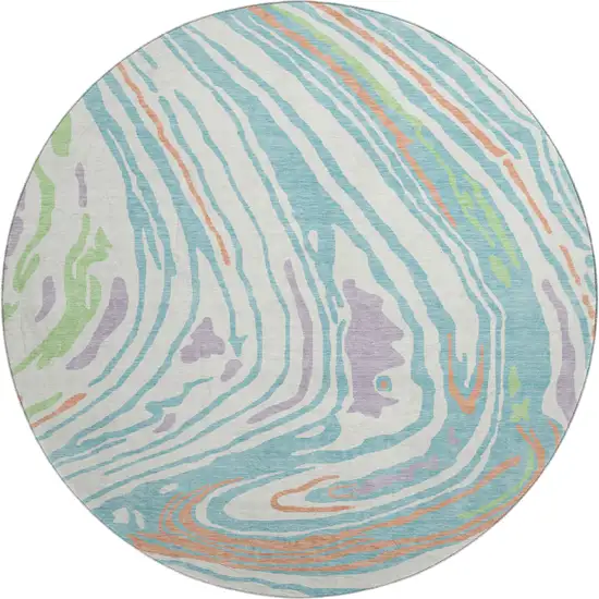 8' Linen Green And Teal Abstract Washable Round Rug With UV Protection Photo 1