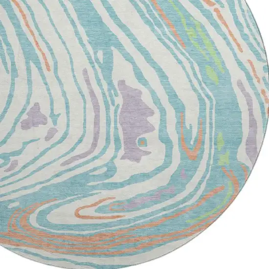 8' Linen Green And Teal Abstract Washable Round Rug With UV Protection Photo 2