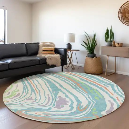 8' Linen Green And Teal Abstract Washable Round Rug With UV Protection Photo 4