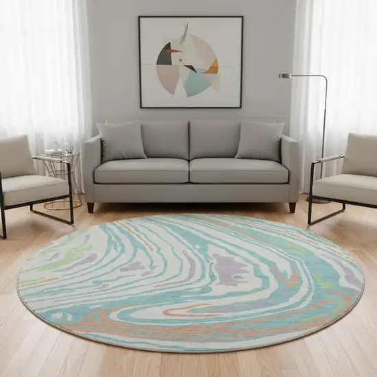 8' Linen Green And Teal Abstract Washable Round Rug With UV Protection Photo 2