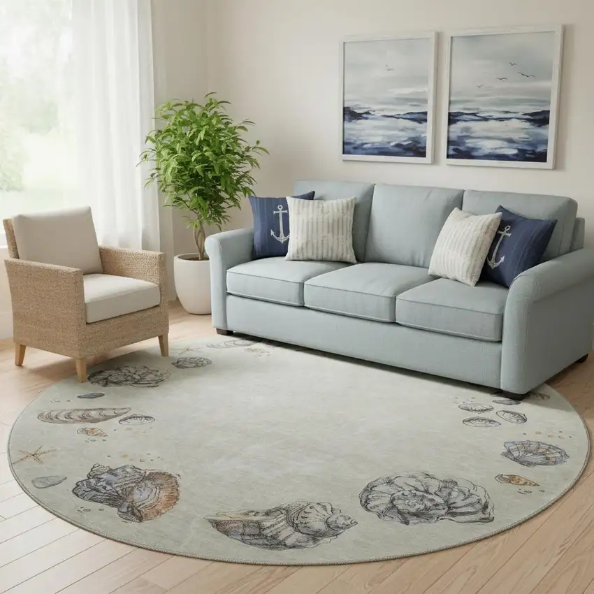 8' Linen Ivory And Beige Geometric Washable Round Rug With UV Protection Photo 1