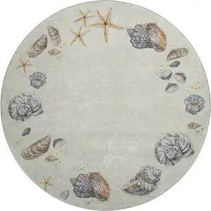 Photo of 8' Linen Ivory And Beige Geometric Washable Round Rug With UV Protection