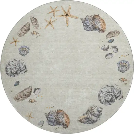 8' Linen Ivory And Beige Geometric Washable Round Rug With UV Protection Photo 1