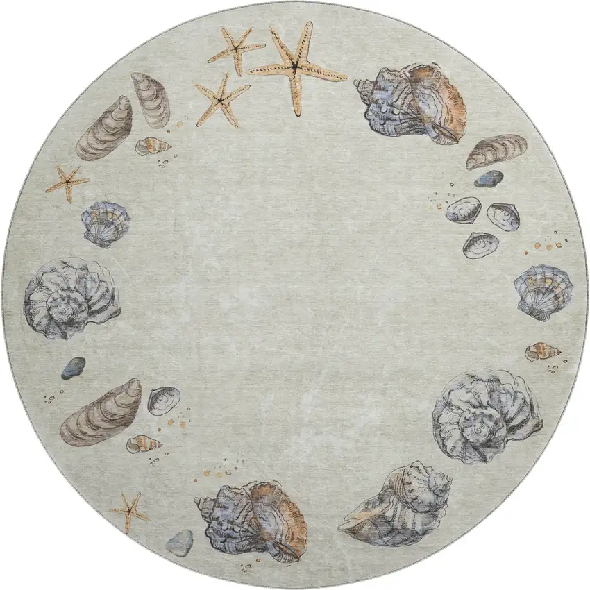 8' Linen Ivory And Beige Geometric Washable Round Rug With UV Protection Photo 1