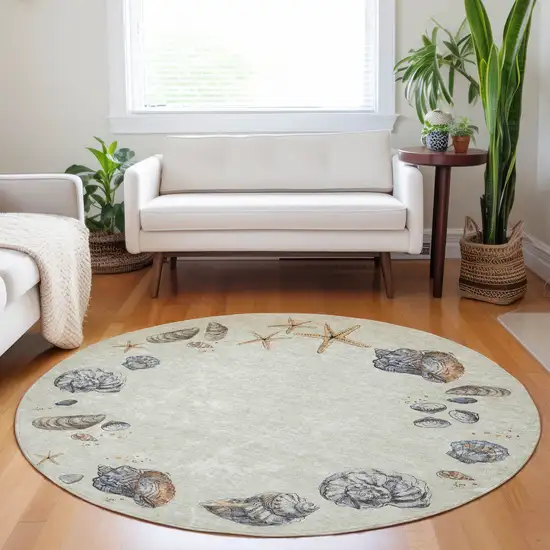 8' Linen Ivory And Beige Geometric Washable Round Rug With UV Protection Photo 5