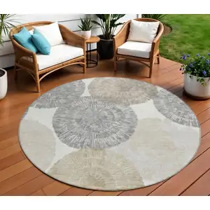 Photo of 8' Linen Ivory And Beige Round Abstract Washable Indoor Outdoor Area Rug