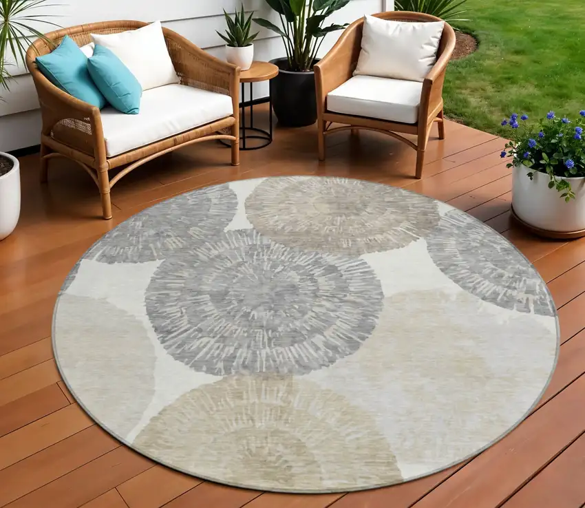 8' Linen Ivory And Beige Round Abstract Washable Indoor Outdoor Area Rug Photo 1