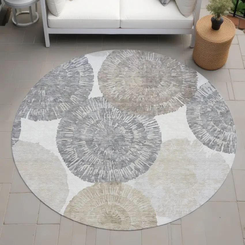 8' Linen Ivory And Beige Round Abstract Washable Indoor Outdoor Area Rug Photo 8