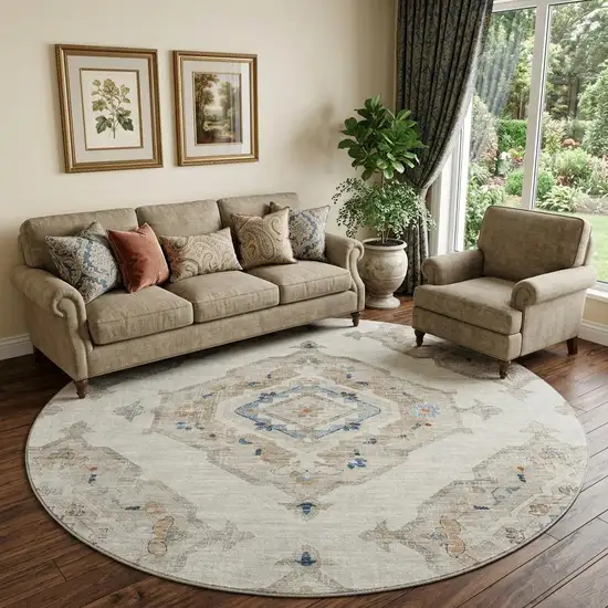 8' Linen Ivory And Blue Tribal Distressed Washable Round Rug With UV Protection Photo 1