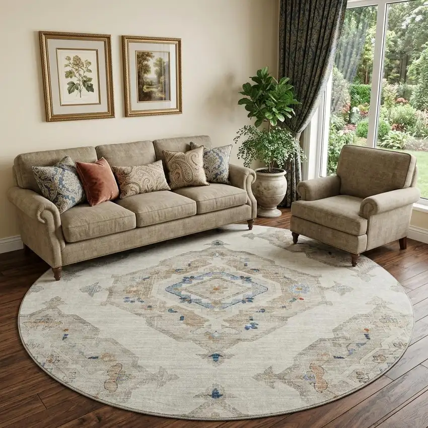 8' Linen Ivory And Blue Tribal Distressed Washable Round Rug With UV Protection Photo 1