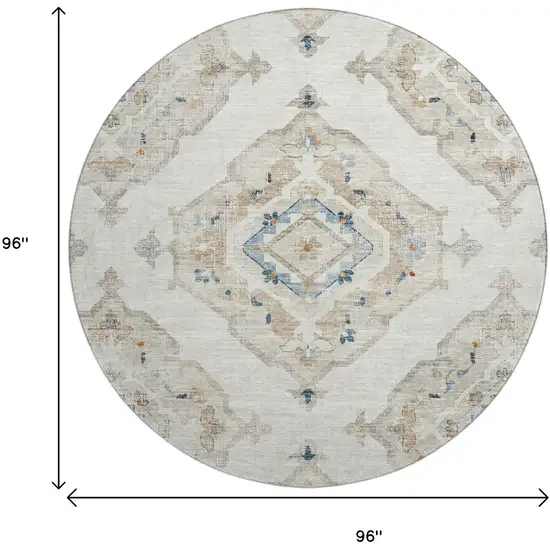 8' Linen Ivory And Blue Tribal Washable Round Rug With UV Protection Photo 3