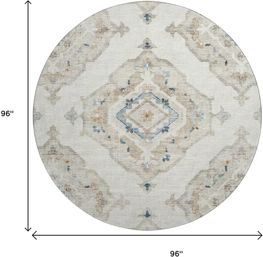 8' Linen Ivory And Blue Tribal Washable Round Rug With UV Protection Photo 3