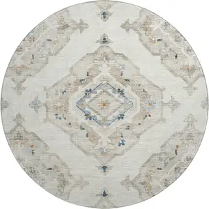 Photo of 8' Linen Ivory And Blue Tribal Washable Round Rug With UV Protection
