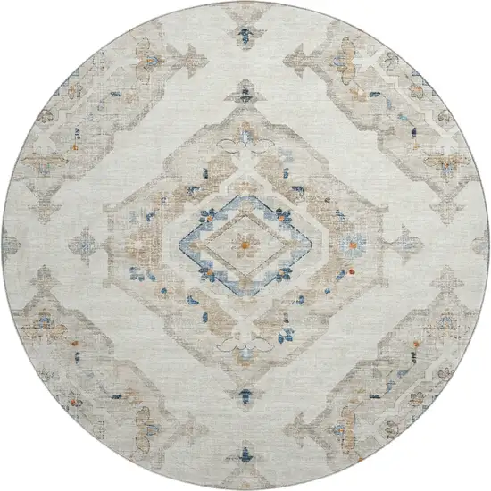 8' Linen Ivory And Blue Tribal Washable Round Rug With UV Protection Photo 2