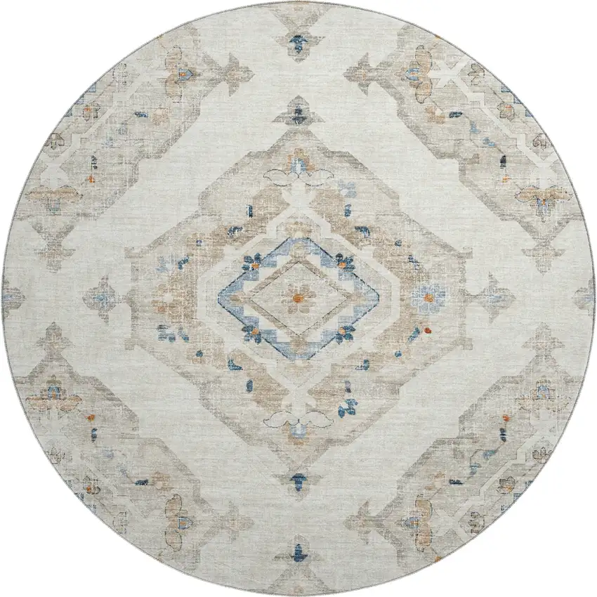 8' Linen Ivory And Blue Tribal Washable Round Rug With UV Protection Photo 2
