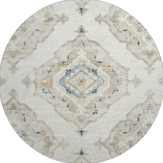 8' Linen Ivory And Blue Tribal Washable Round Rug With UV Protection Photo 5