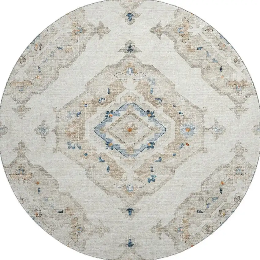 8' Linen Ivory And Blue Tribal Washable Round Rug With UV Protection Photo 5