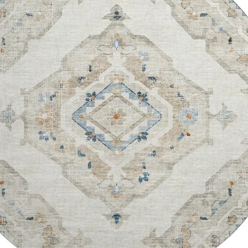 8' Linen Ivory And Blue Tribal Washable Round Rug With UV Protection Photo 4