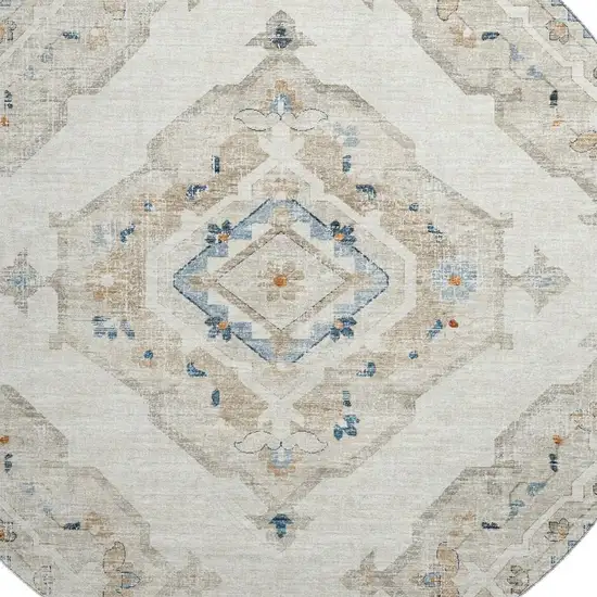 8' Linen Ivory And Blue Tribal Washable Round Rug With UV Protection Photo 4