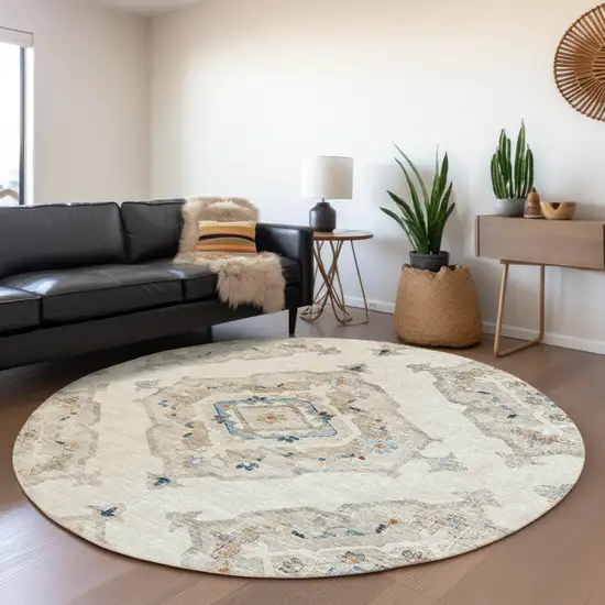 8' Linen Ivory And Blue Tribal Washable Round Rug With UV Protection Photo 6
