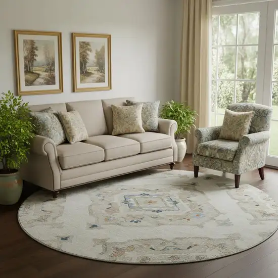 8' Linen Ivory And Blue Tribal Washable Round Rug With UV Protection Photo 1