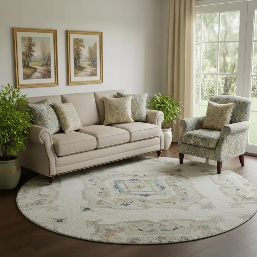 8' Linen Ivory And Blue Tribal Washable Round Rug With UV Protection Photo 1