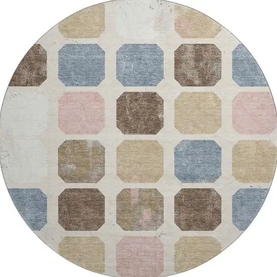 8' Linen Ivory And Brown Geometric Washable Round Rug With UV Protection Photo 4