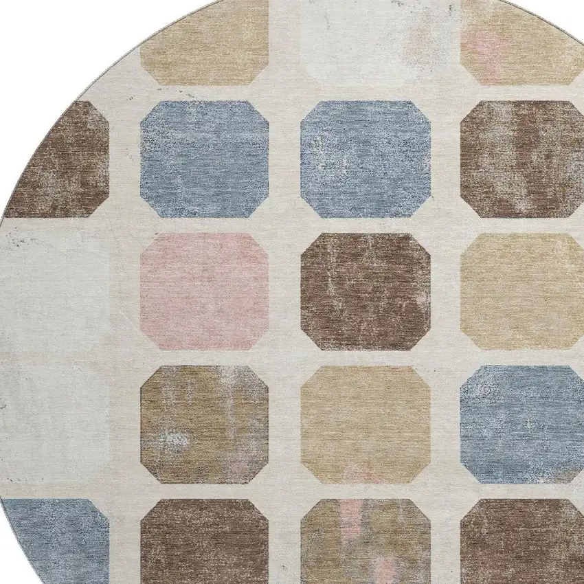 8' Linen Ivory And Brown Geometric Washable Round Rug With UV Protection Photo 3