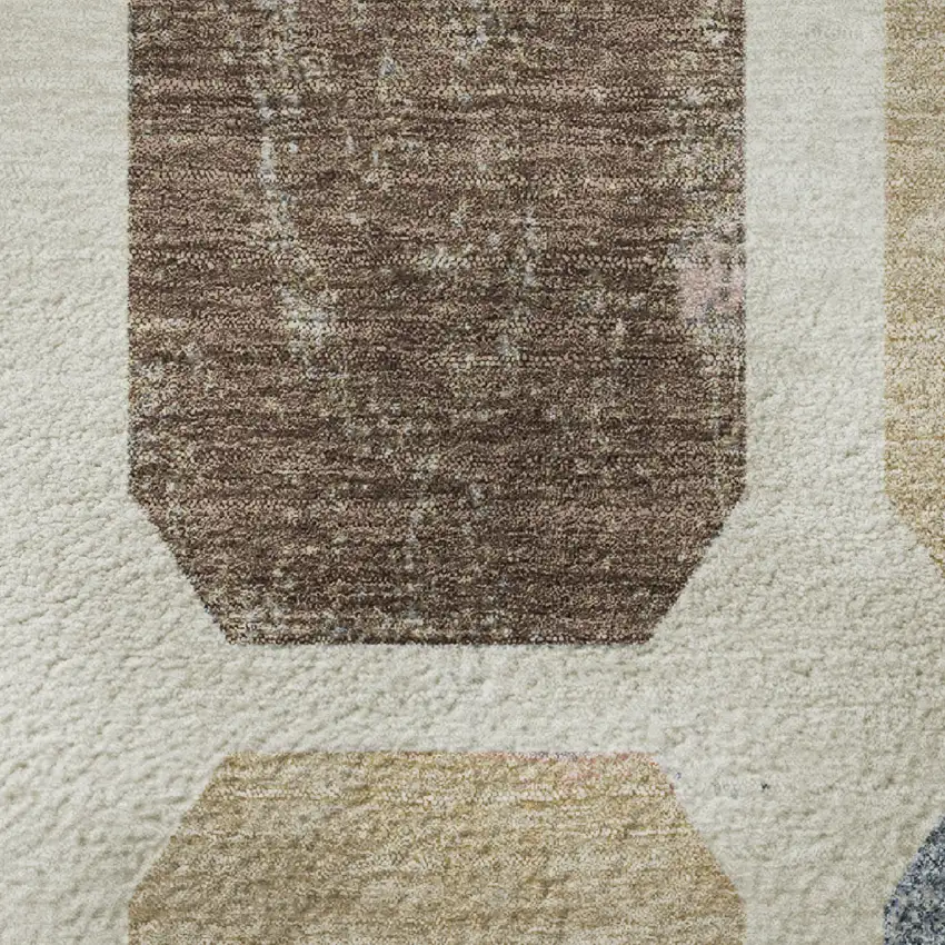 8' Linen Ivory And Brown Geometric Washable Round Rug With UV Protection Photo 9