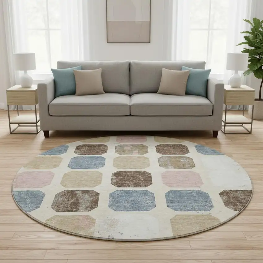 8' Linen Ivory And Brown Geometric Washable Round Rug With UV Protection Photo 2